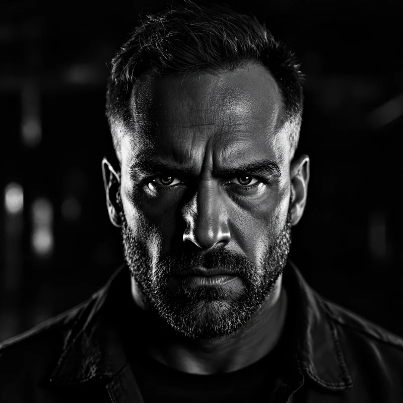 tuff identity icon with tilted close portrait and serious expression