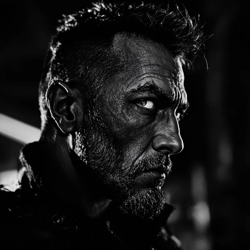 rugged avatar PFP with low-angle portrait and direct spotlight contrast