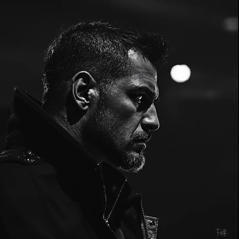 strong avatar portrait using direct spotlight contrast and controlled heavy mood