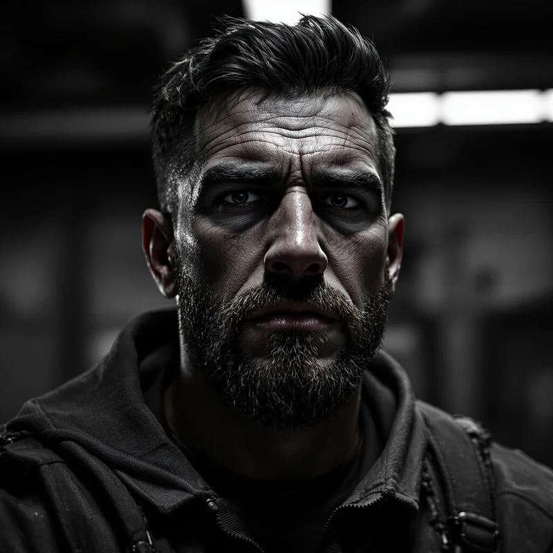 dominant avatar image with calm confidence and industrial interior blur