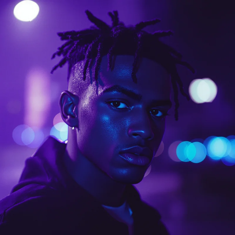 XXXTentacion PFP with black and blue mood, expressive eyes, and readable avatar composition