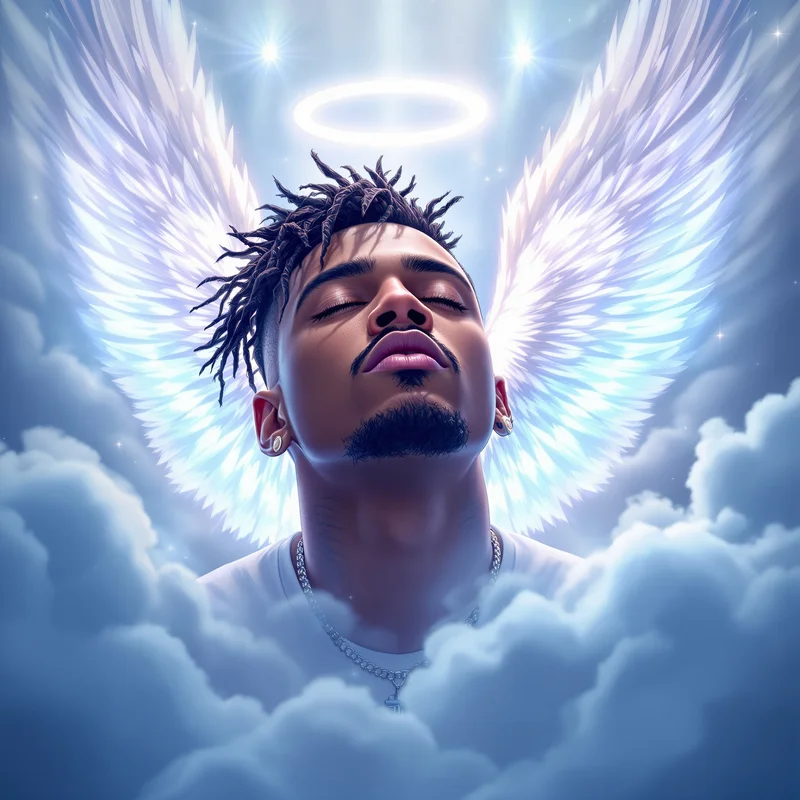 XXXTentacion avatar with glowing angel wings and soft light