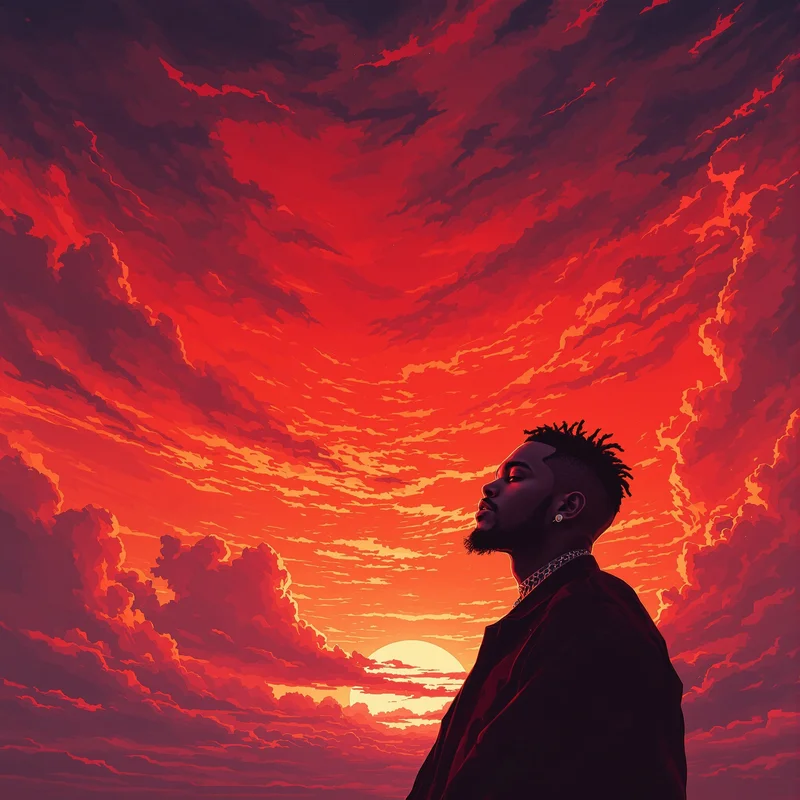 XXXTentacion avatar with crimson sky and dramatic lighting