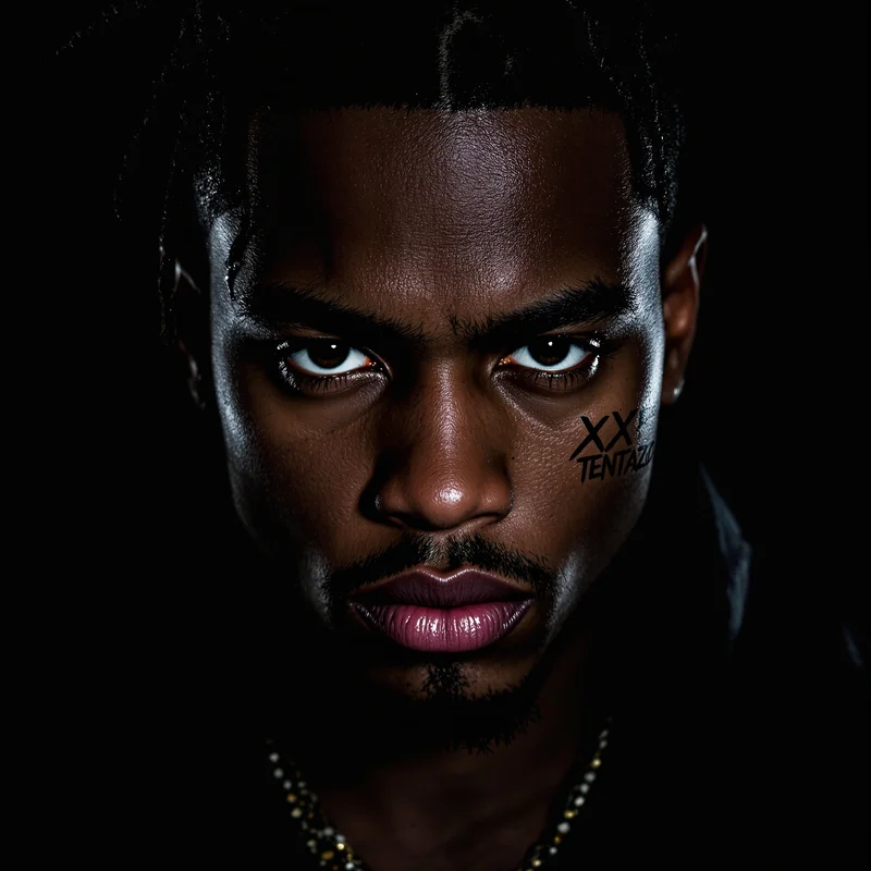 Dark XXXTentacion avatar profile picture with black background and dramatic lighting