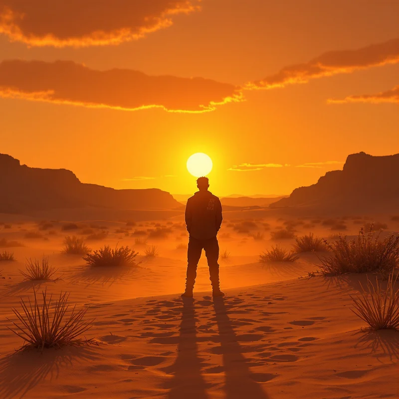 XXXTentacion avatar with desert sunset background and orange sky