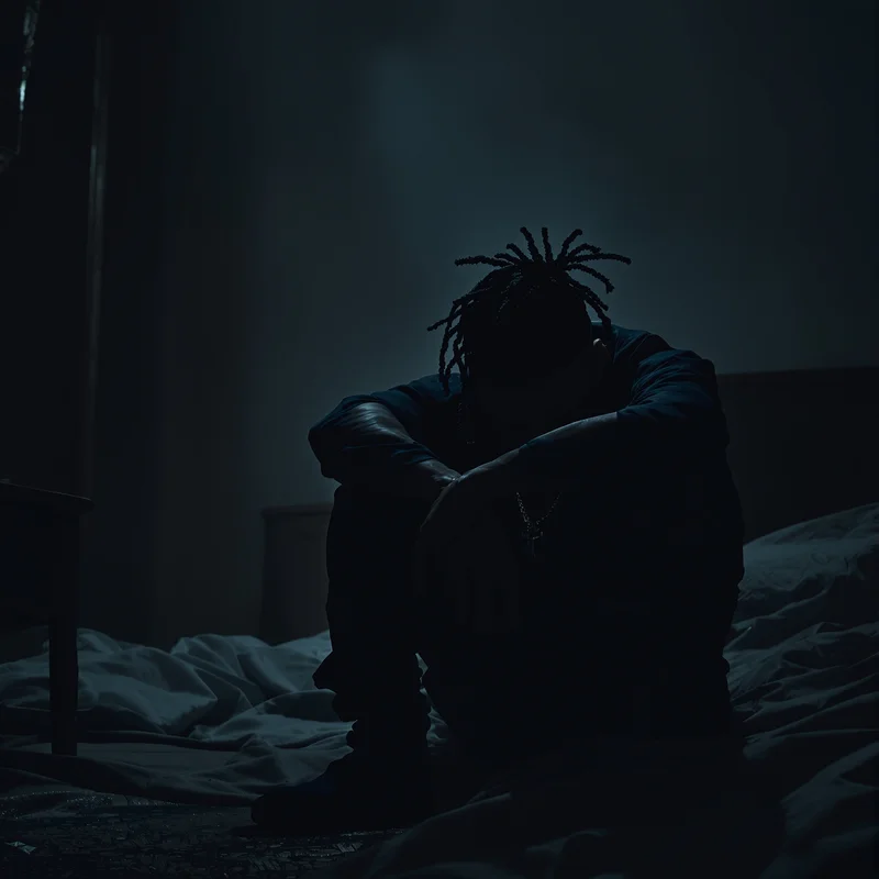 Lonely XXXTentacion avatar sitting in dark room with emotional mood