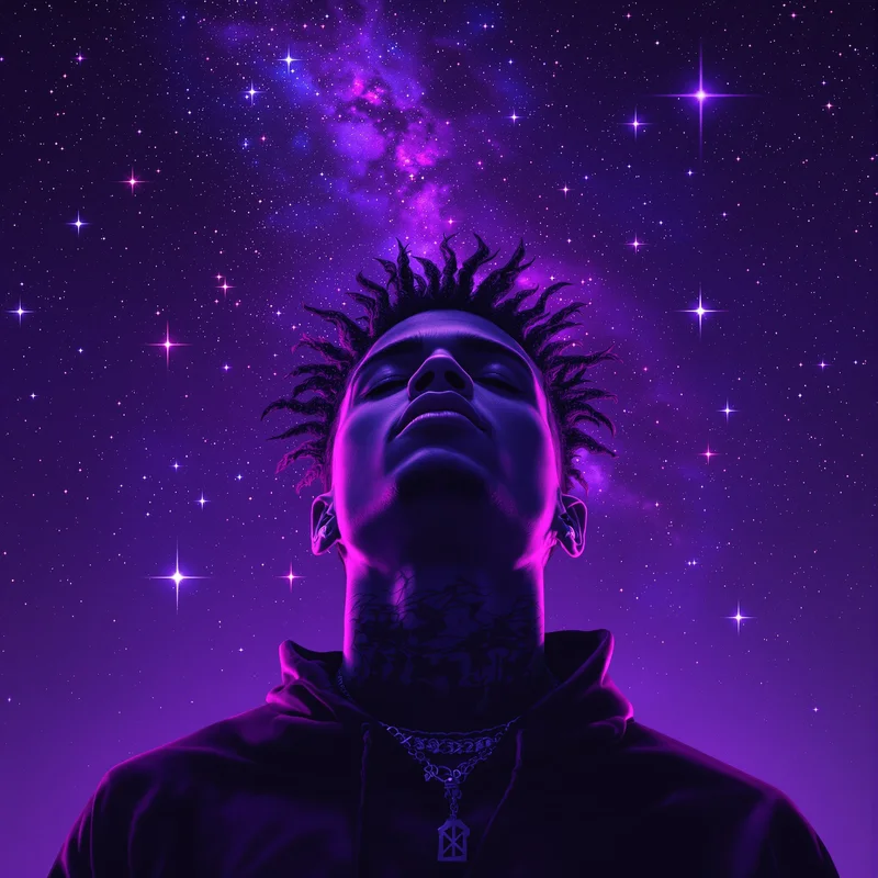 Purple galaxy XXXTentacion profile picture with glowing cosmic background