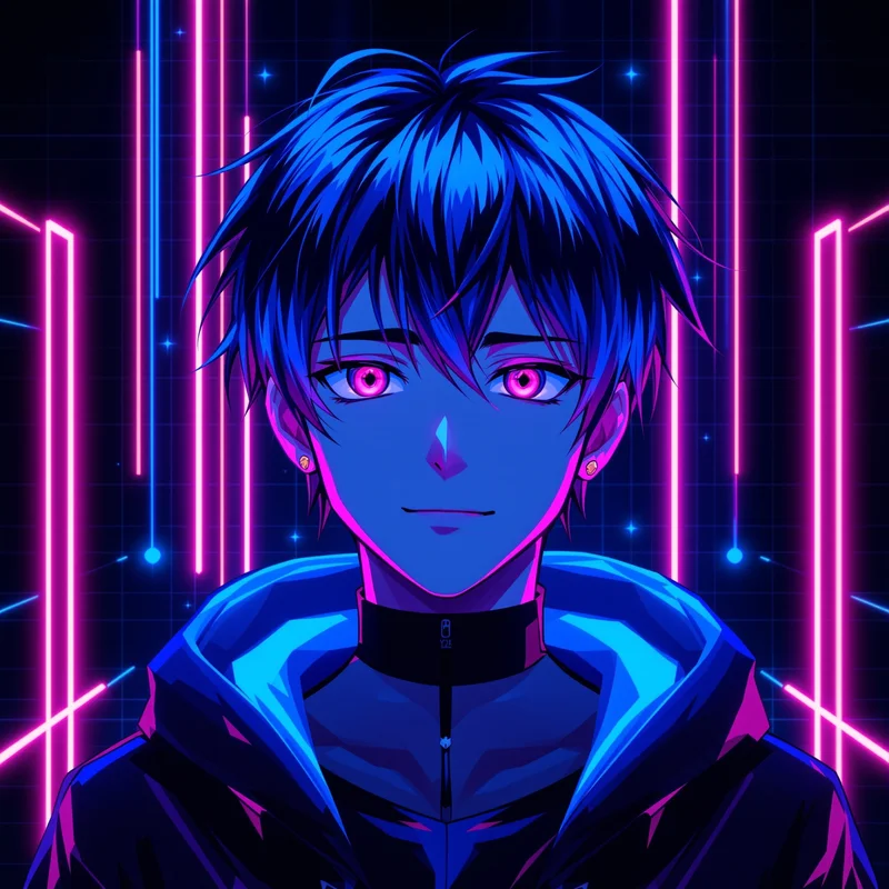 chrome anime profile icon with retro digital grid for digital identity