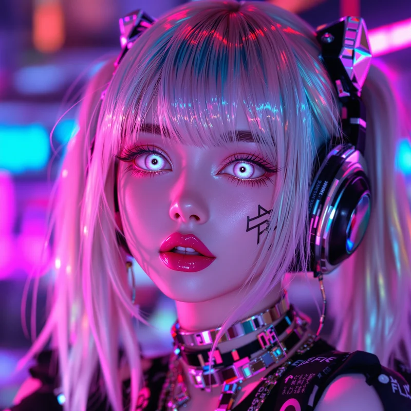 Y2K anime girl PFP with chrome accessories and glossy eyes