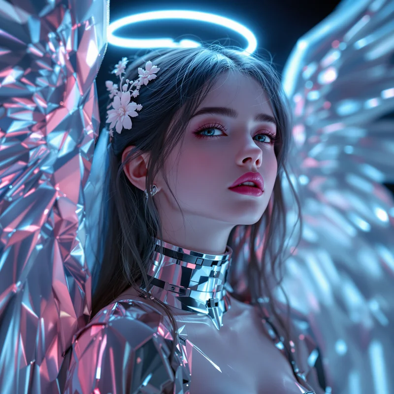 Cyber angel Y2K PFP with silver wings and neon glow