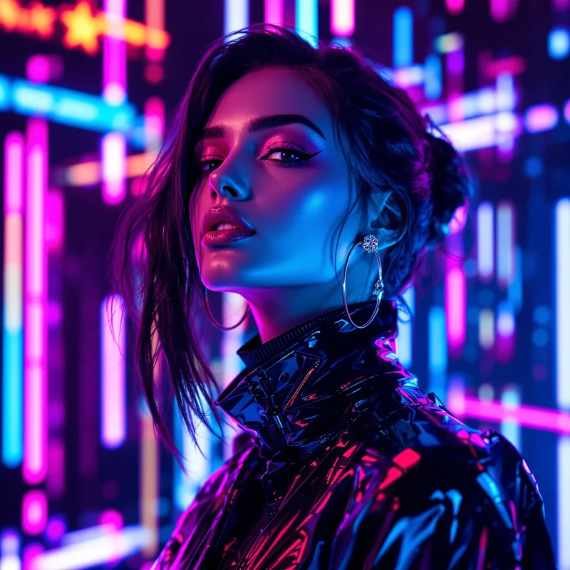 Cyber popstar Y2K PFP with neon stage lighting
