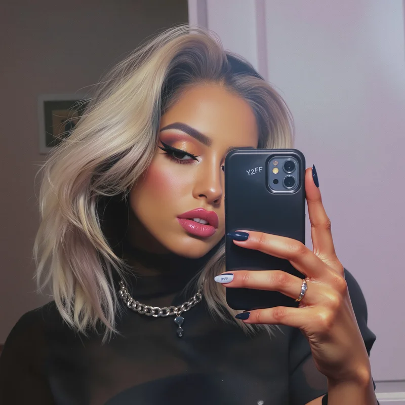 Y2K PFP with flip phone selfie and flash aesthetic