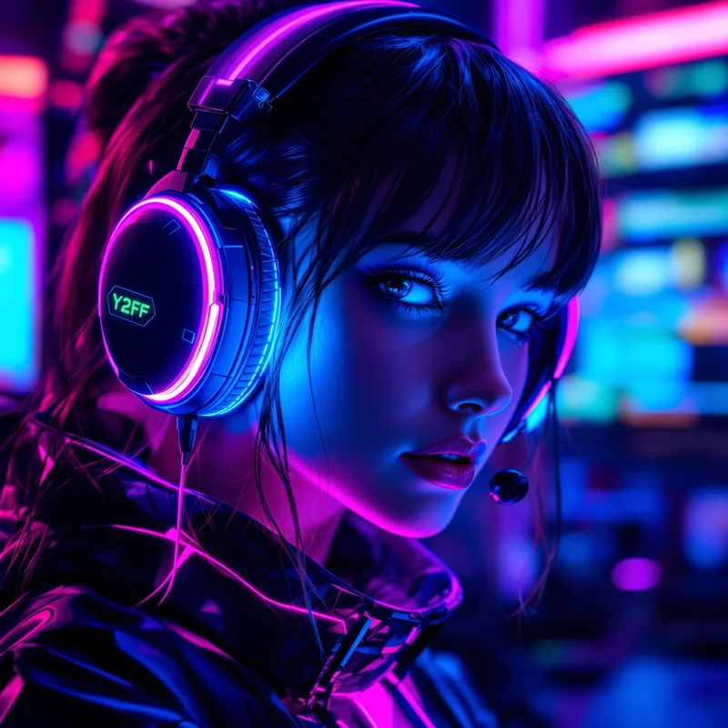 Y2K gamer girl PFP with RGB glow and cyber headphones