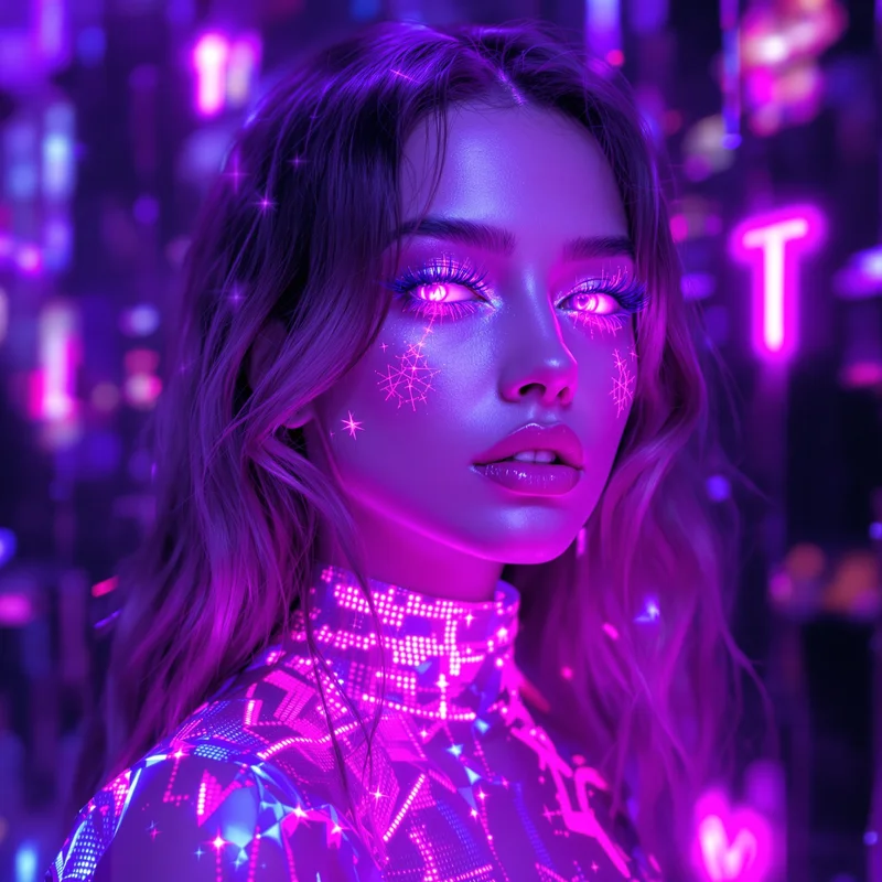 Purple neon Y2K PFP with holographic lavender glow