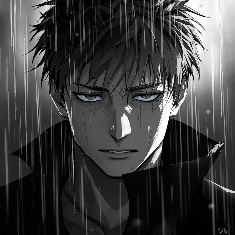emotional manga yuta pfp with monochrome anime sadness