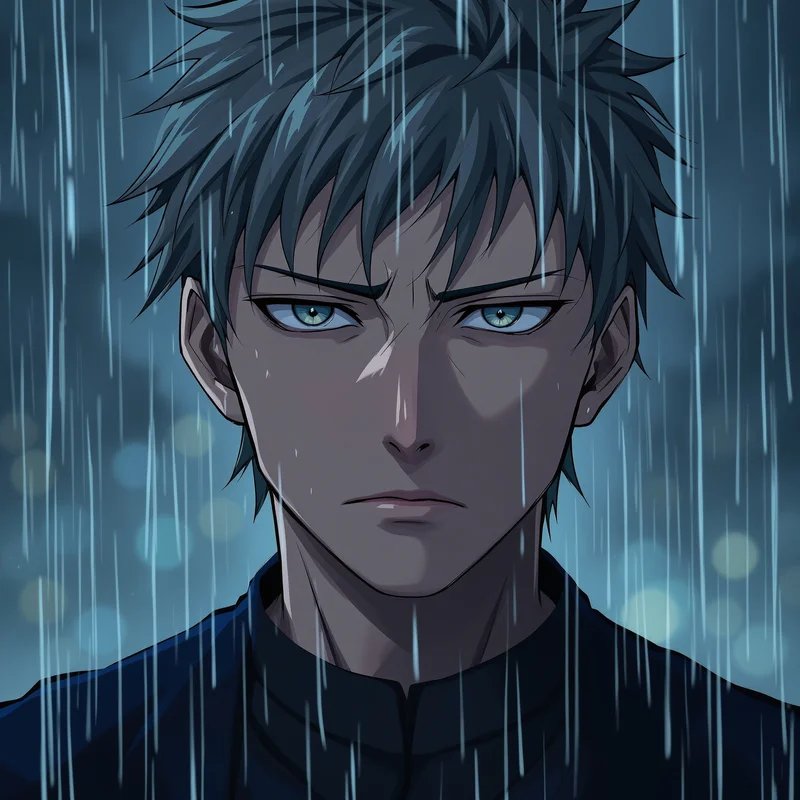 rainy yuta pfp with cinematic anime rain atmosphere