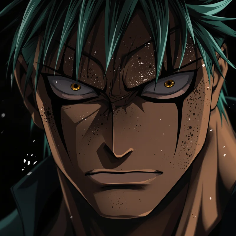 Zoro battle calm anime PFP with ash particles and dark lighting