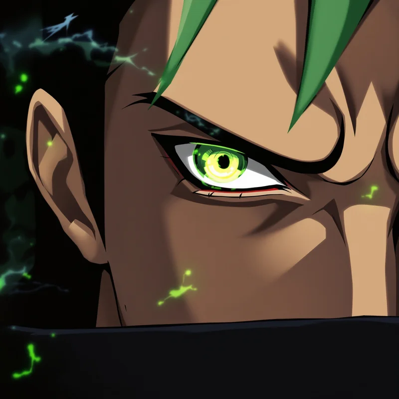 Zoro anime PFP with black green contrast and sharp face focus