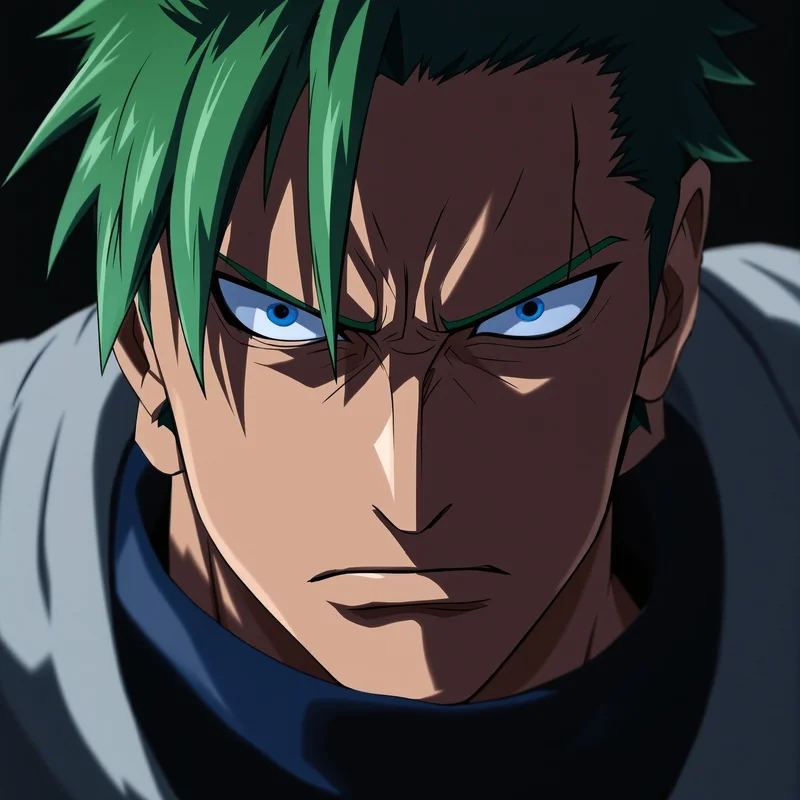 Zoro anime avatar with cold steel expression and dark lighting
