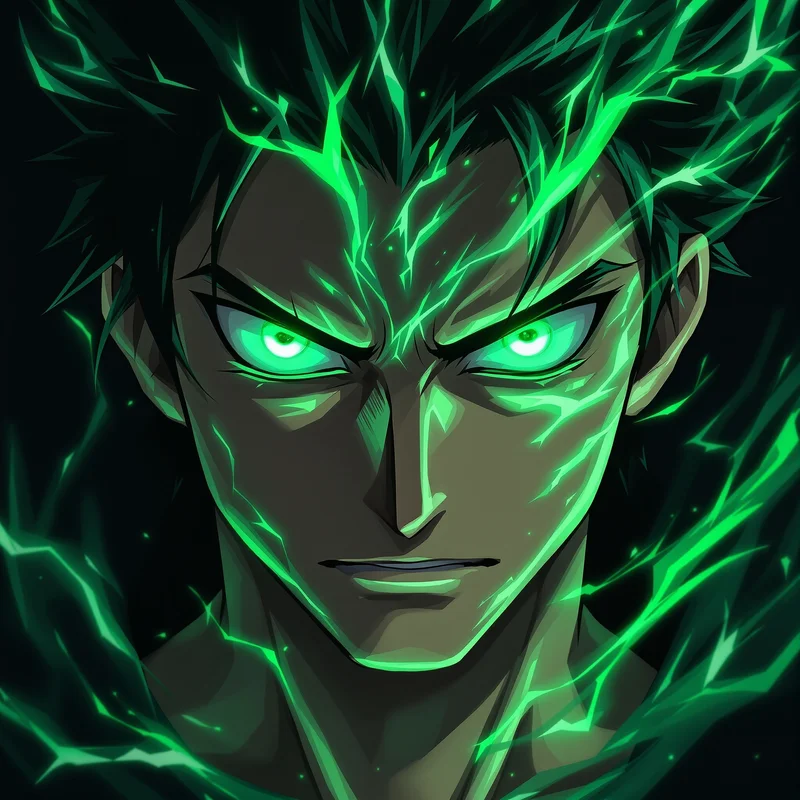 Zoro anime PFP avatar with emerald power core and face focus