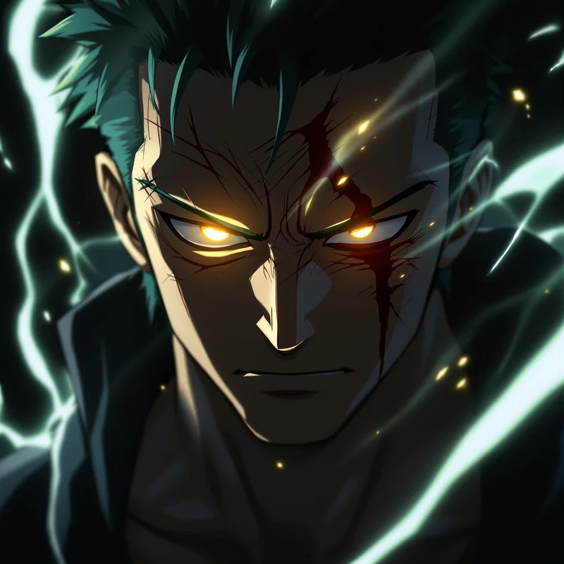 Zoro anime avatar emphasizing facial scar and energy detail