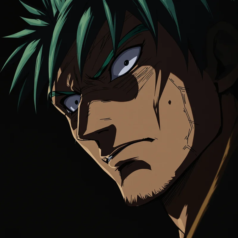 Zoro anime avatar with dominant stare and low angle framing