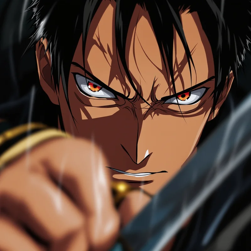 Zoro anime avatar focused before strike with intense eyes