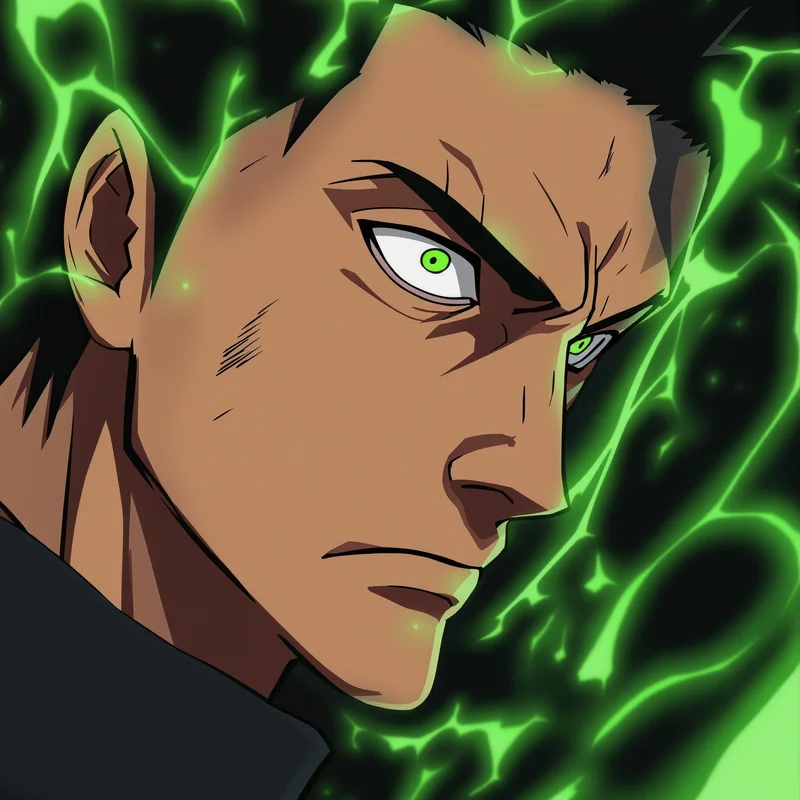 Zoro PFP avatar with controlled green flame and sharp focus
