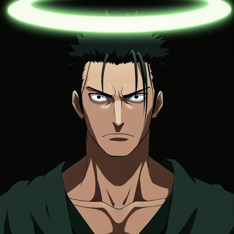 Zoro anime PFP with green halo frame and warrior expression
