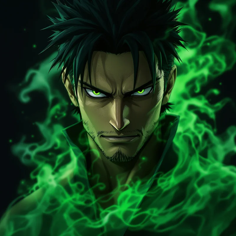 Zoro PFP avatar with green smoke control and clear face
