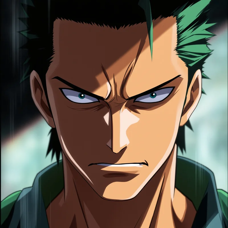 Zoro anime avatar with shadow edge lighting and strong jawline detail